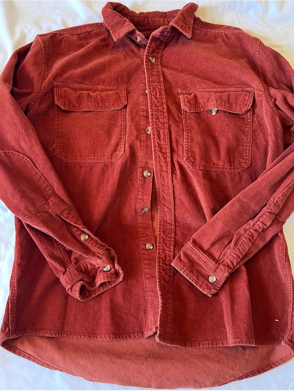 Corduroy Button-Down Shirt Jacket in Rust Red